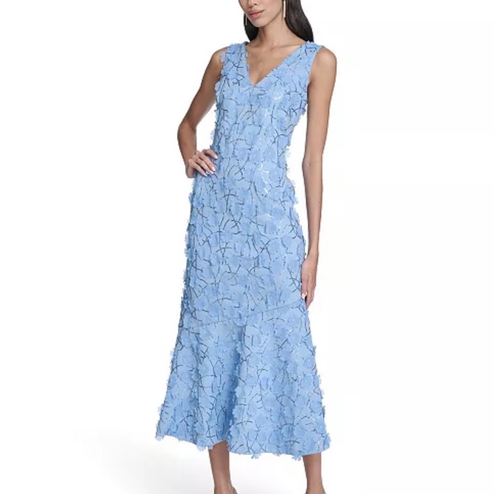 Eliza J Blue Textured V Neck Midi Dress Size 10 NWT Wedding Guest Cocktail